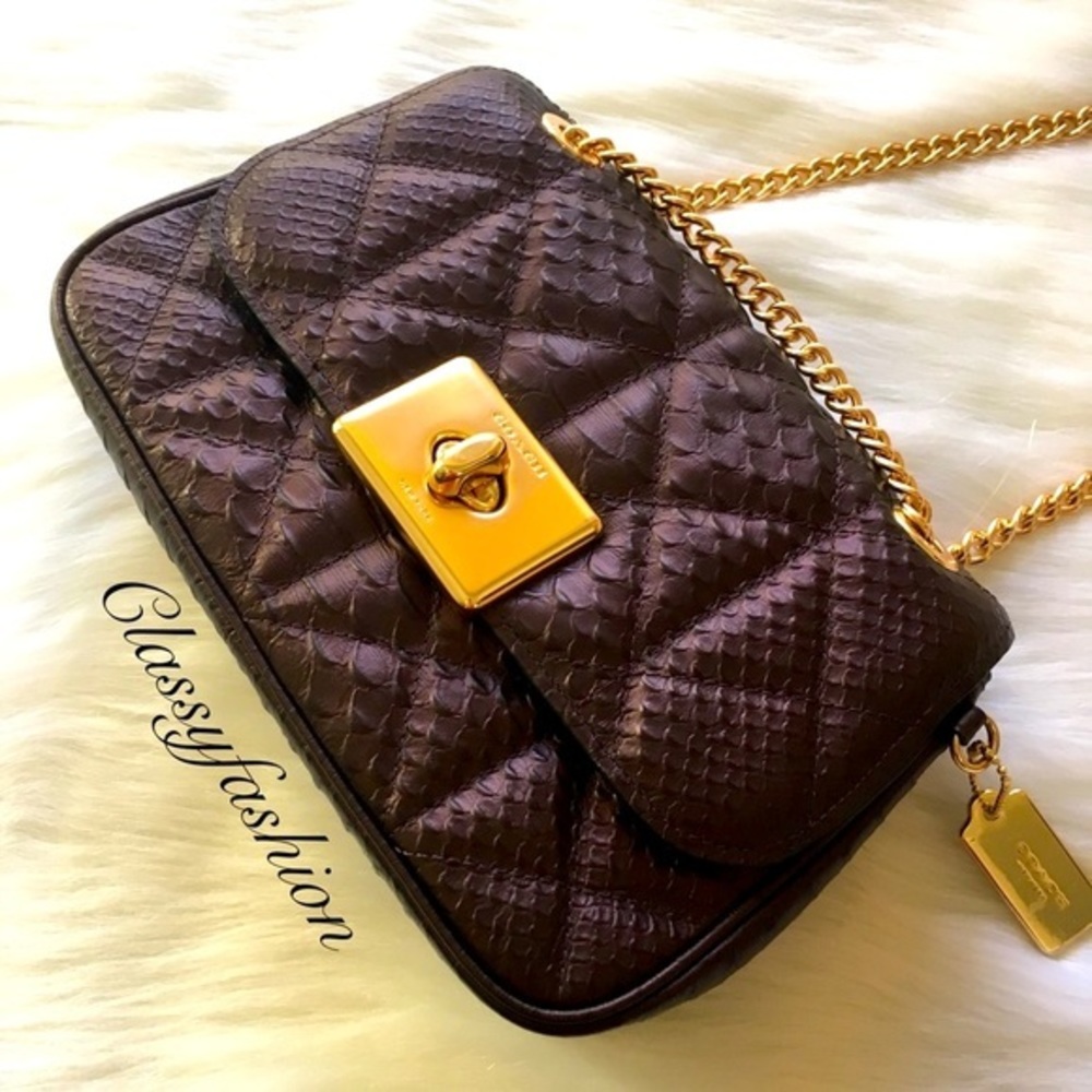 Coach Leather Crossbody Bag Chain Link Quilted Satchel Tote Snakeskin